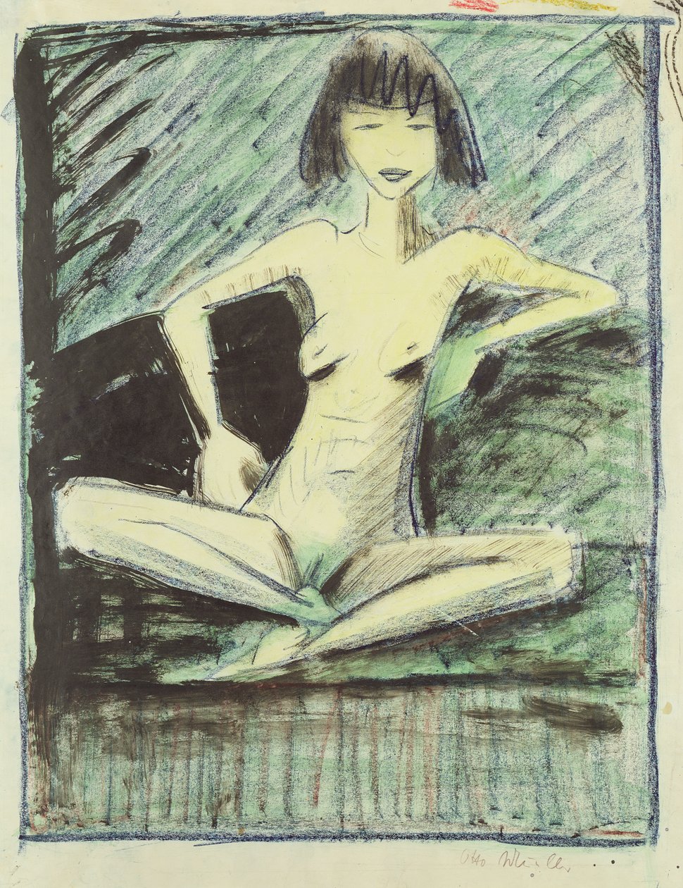 Nuori mustalaistyttö, n. 1926 (liitu, kynä ja wc paperilla) tekijältä Otto Mueller