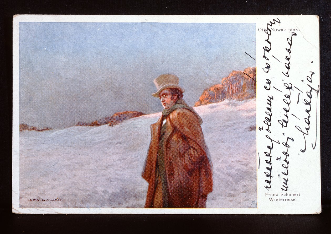 Wieniläinen postikortti, joka kuvaa Franz Peter Schubertia (1797-1828) ja kuvaa hänen laulusarjaansa "Winterreise", n. 1910 tekijältä Otto Robert Nowak