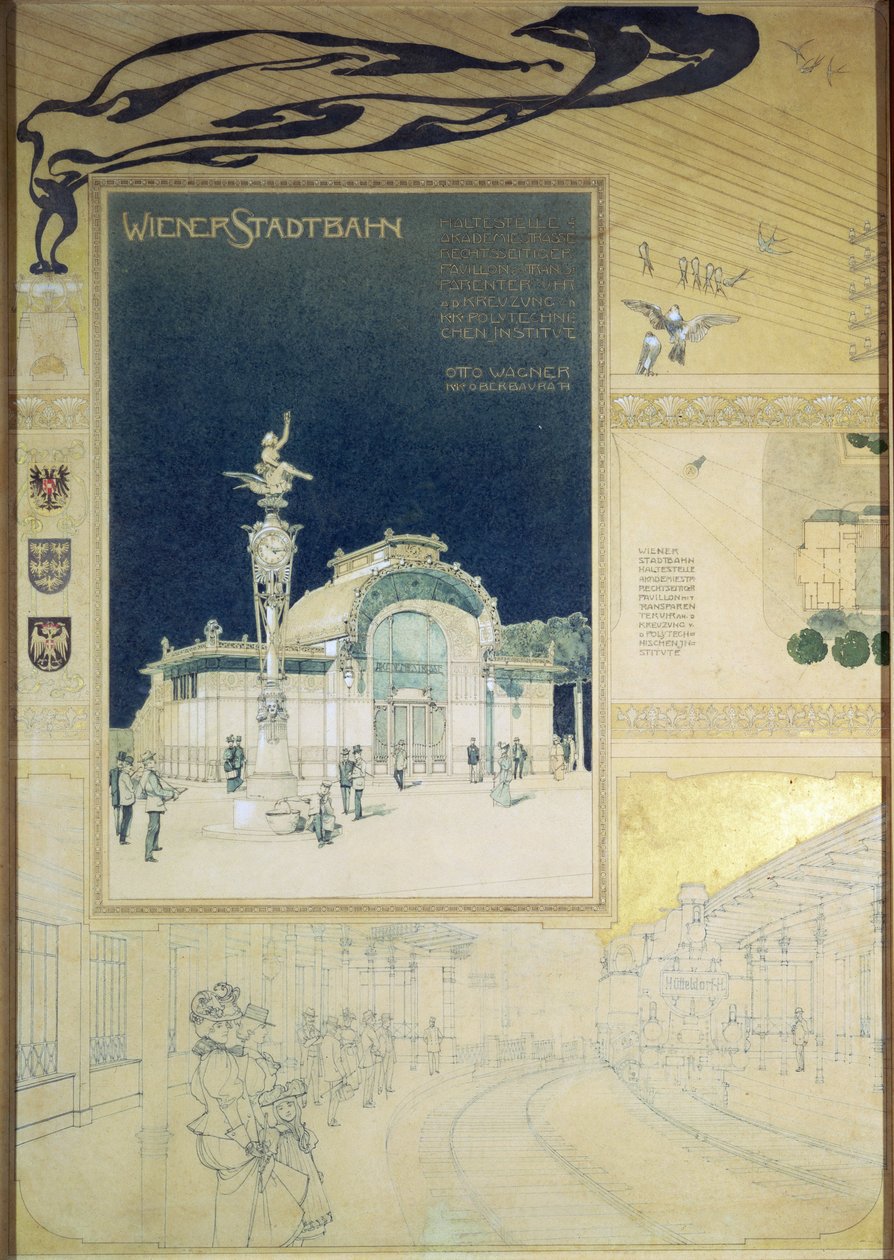Wienin maanalaisen rautatien Stadtbahn-paviljonki, ulkoa ja näkymä rautatien laiturille, n. 1894-97 (värikynä) tekijältä Otto Wagner
