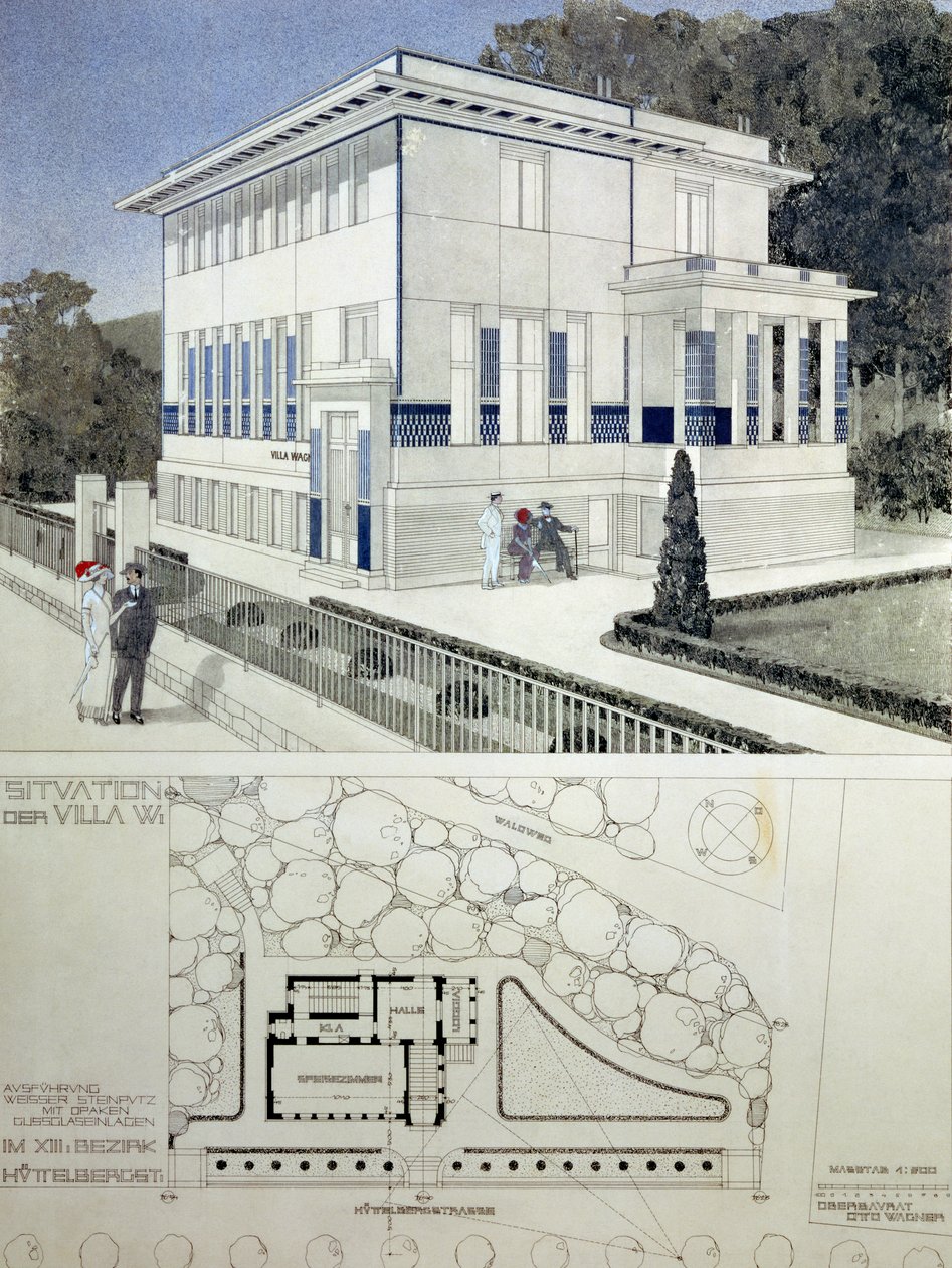 Villa Wagner, Wien, suunnittelu talon ulkopuolelta, rakennettu teräksestä ja betonista vakavaan geometriseen tyyliin syvänsinisilla paneeleilla ja naulapääkoristeella, alla talon pohjapiirros ja gr. tekijältä Otto Wagner