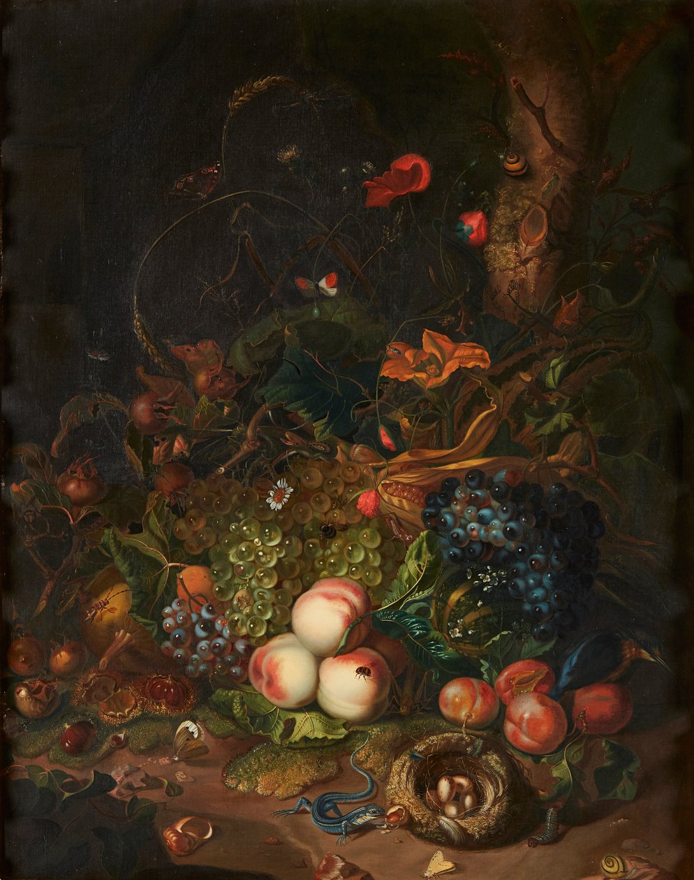 Hedelmien ja kukkien asetelma (öljy kankaalle) tekijältä Otto (after) Marseus van Schrieck
