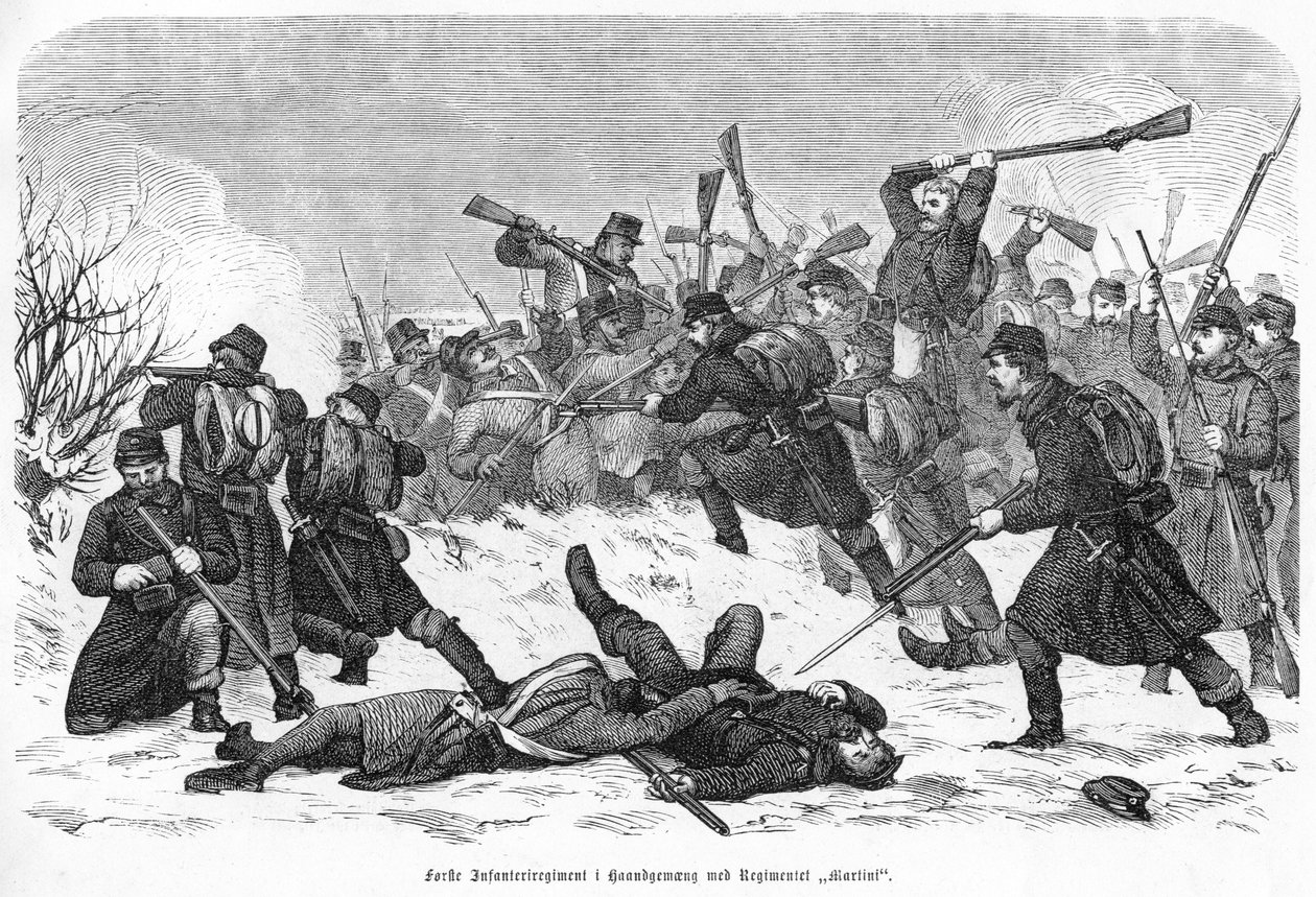 Ensimmäinen jalkaväkirykmentti käsien taistelussa "Martini"-rykmentin kanssa, pub. 1865 (kaiverrus) tekijältä Otto Bache
