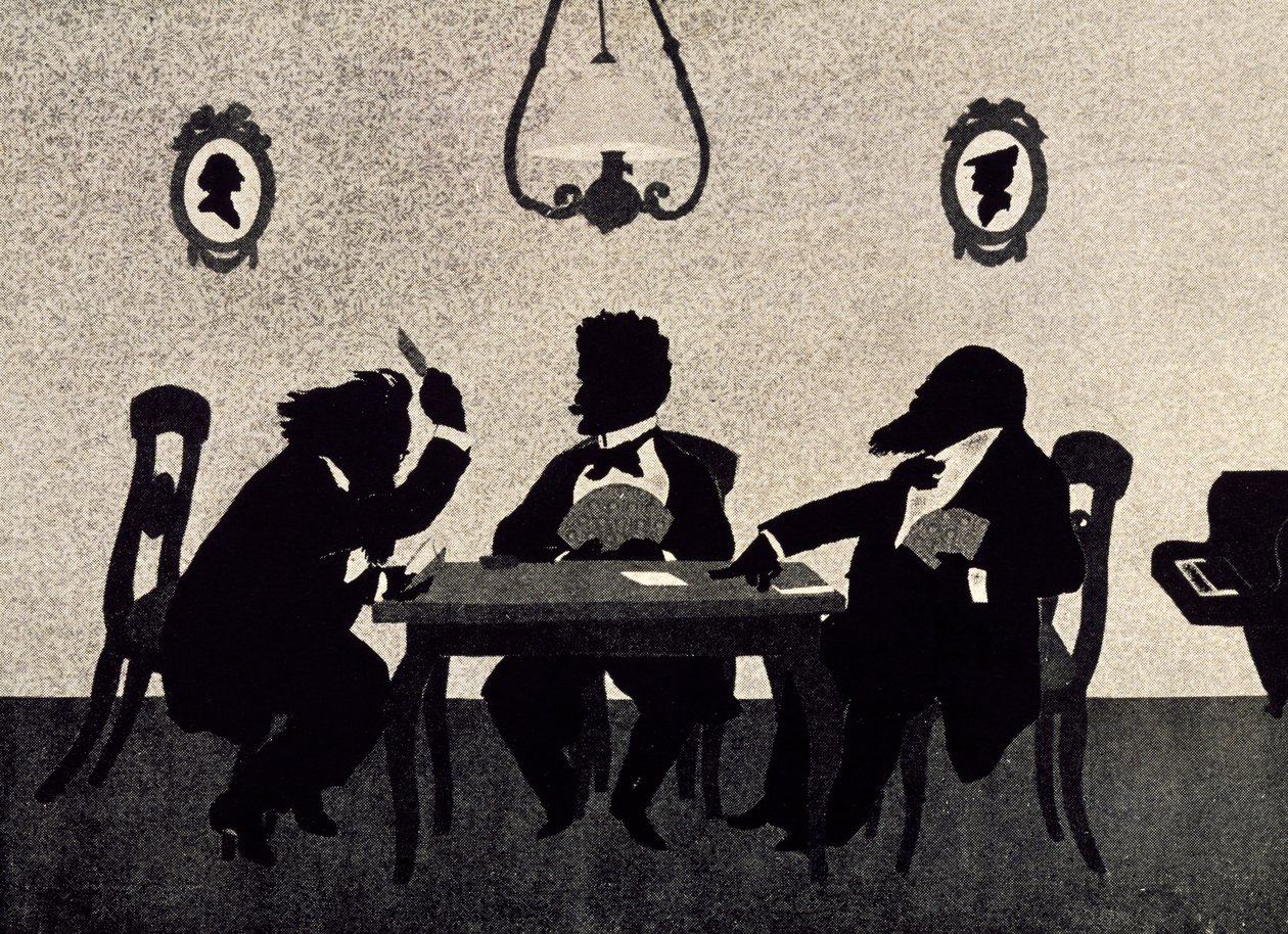Johannes Brahmsin (1833-1897), Richard Straussin (1864-1949) ja Hans Richterin (1843-1916) korttipeli, Otto Bohlerin (1847-1913) musta siluetti tekijältä Otto Bohler