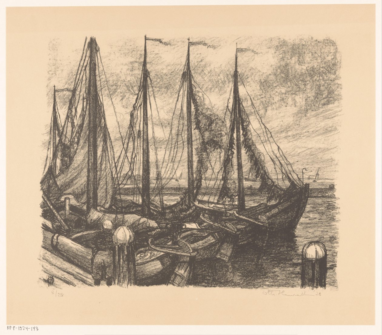 Ankkuroidut kalastusalukset satamassa tekijältä Otto Hanrath (signed by artist)