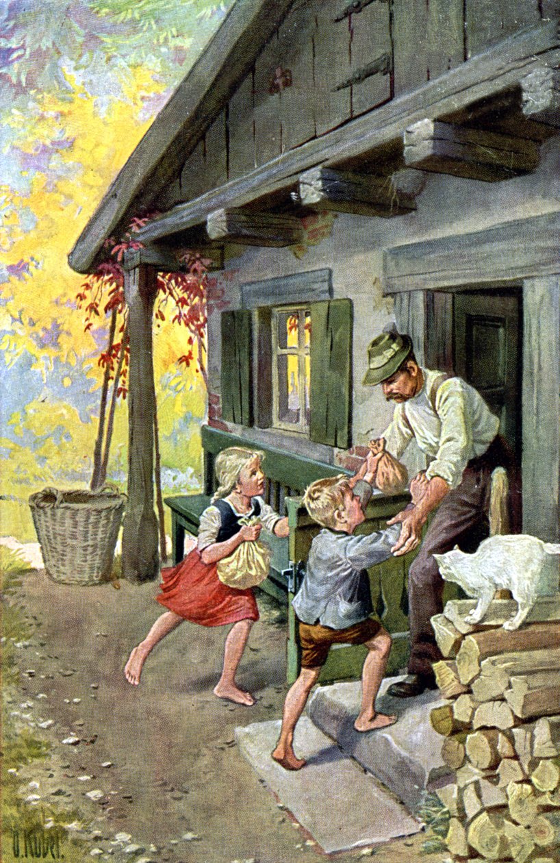 Hannu ja Kerttu löytävät tiensä takaisin kotiin, noin 1910 (postikortti). tekijältä Otto Kubel