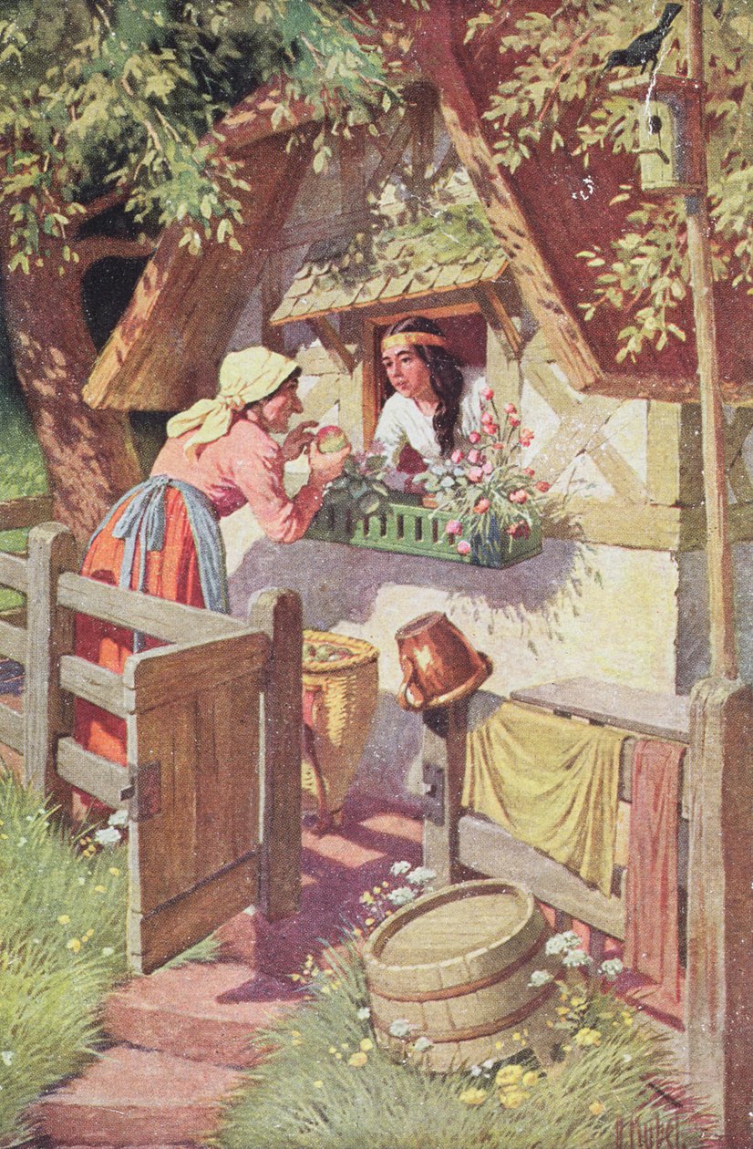 Vanhaksi naiseksi naamioitunut jumalaton kuningatar tarjoaa myrkytettyä omenaa Lumikki, piirros Grimm-sadusta "Lumikki ja seitsemän kääpiötä", n. 1900 (väri litho) tekijältä Otto Kubel