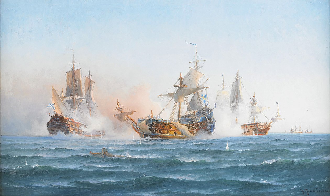 HMS Wachtmeister taistelemassa venäläistä laivuetta vastaan 4.6.1719,1902 tekijältä Otto Ludvig Richarde