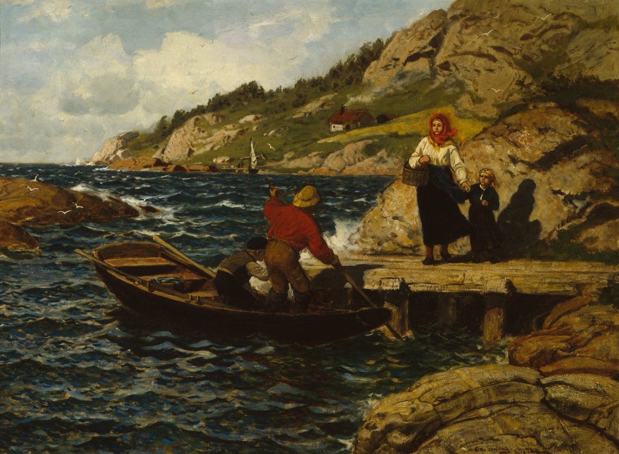 Kalastaja, nainen ja lapsi laiturilla tekijältä Otto Ludvig Sinding