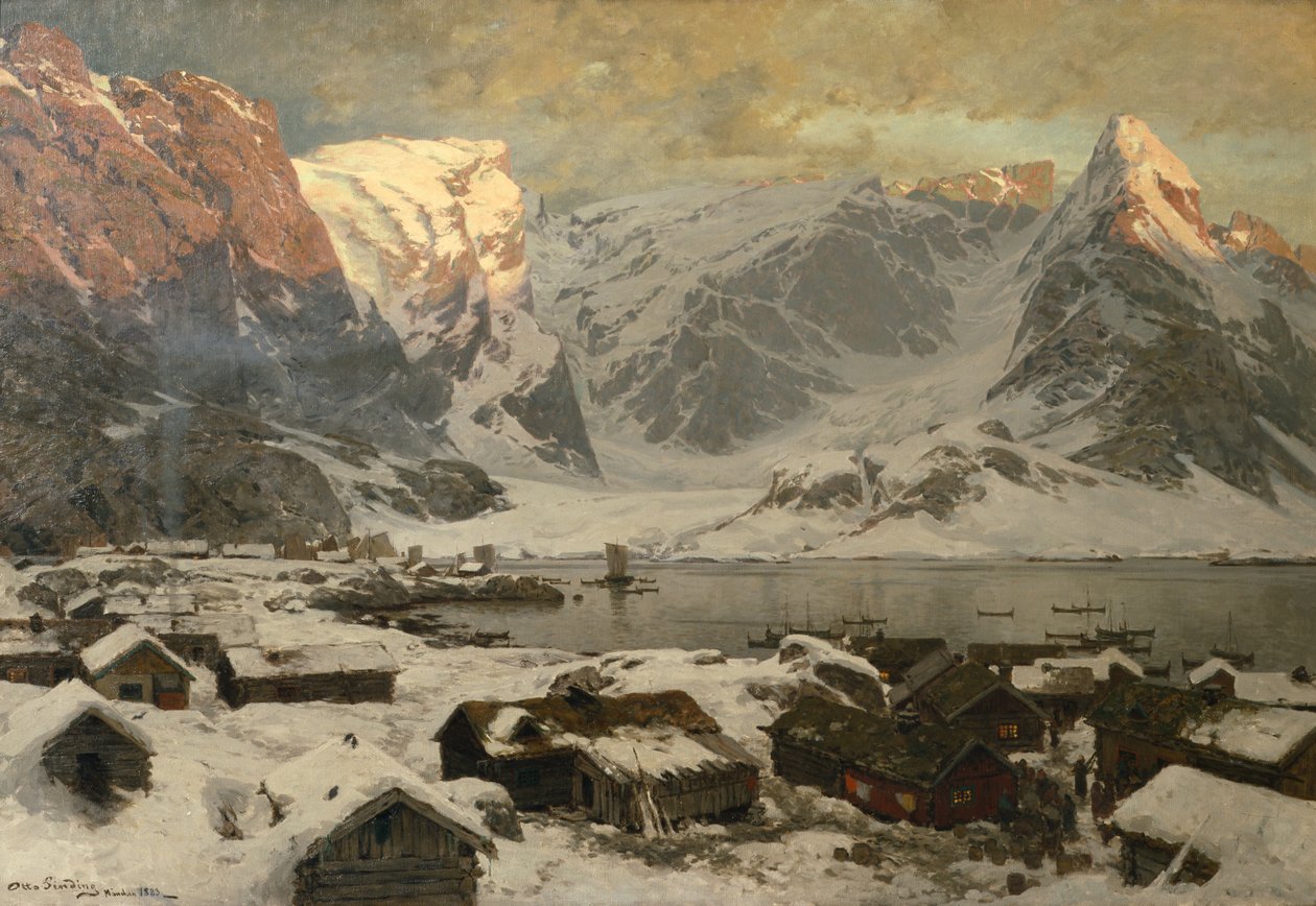 Näkymä Reinestä Lofooteilla, n. 1886 (öljy kankaalle) tekijältä Otto Ludvig Sinding