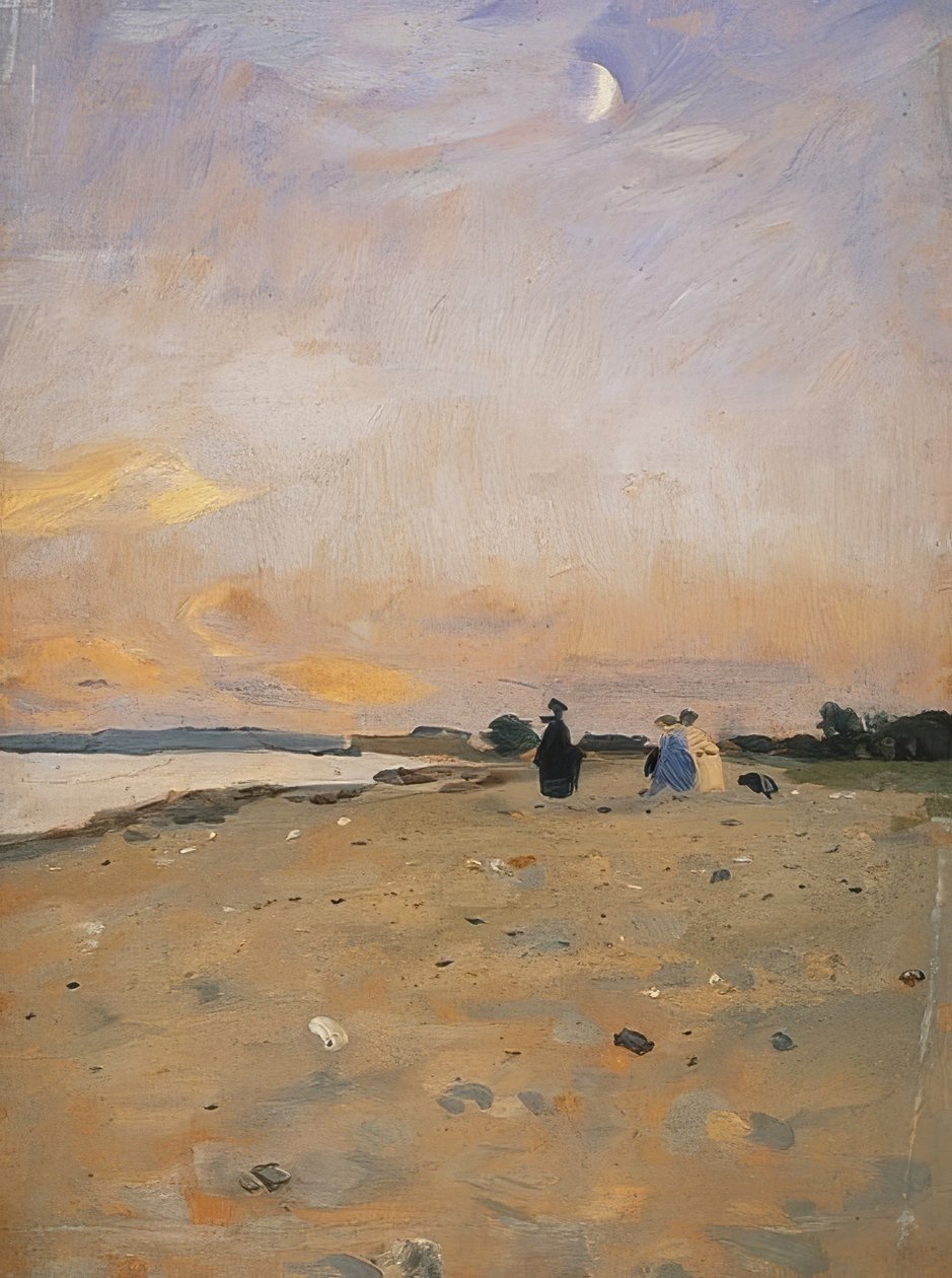 Jokimaisema puolikuun kanssa (rantamaisema Juistilla). 1885 tai noin 1889 tekijältä Otto Modersohn