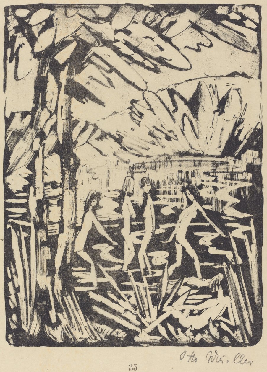 Viisi tyttöä metsälammikolla (Funf Madchen am Waldteich) tekijältä Otto Müller