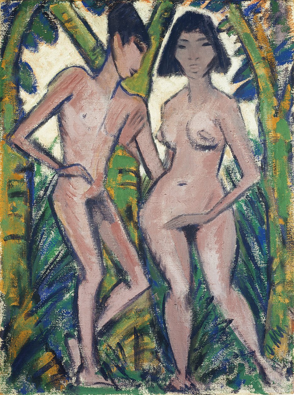 Aatami ja Eeva, n.1913-22 (kalkkivesiväri hessiankankaalle). tekijältä Otto Muller or Mueller