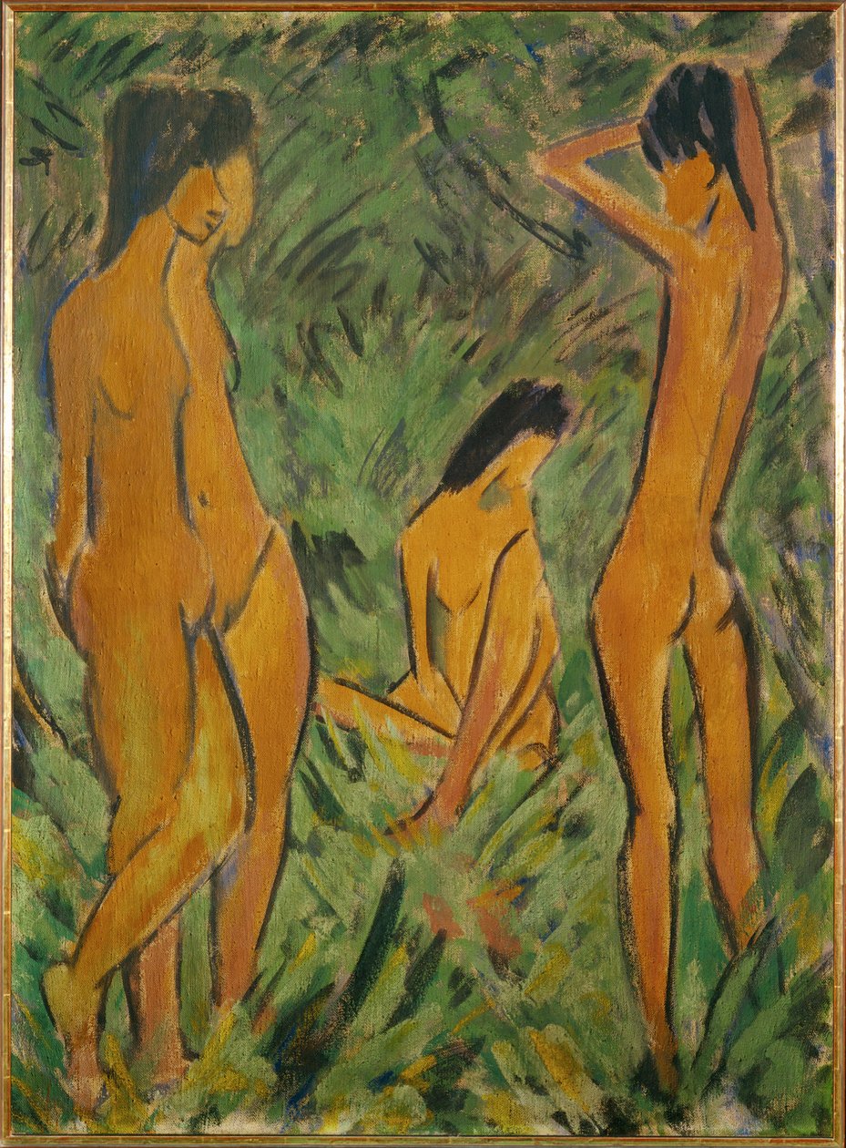 Poika kahden tytön edessä, toinen seisoo, toinen istuu (säkkipeitteinen säkkipaperi). tekijältä Otto Muller or Mueller