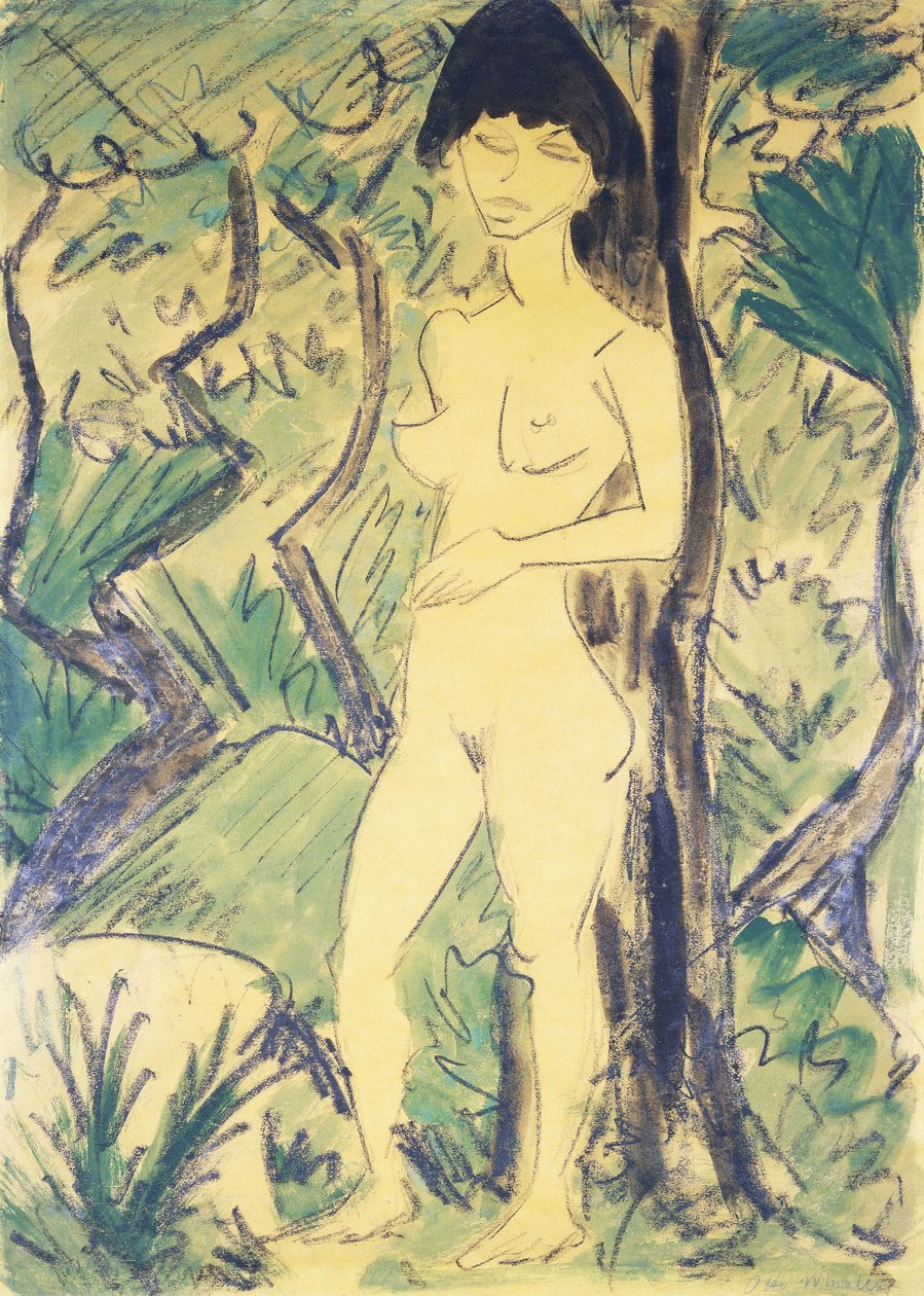 Alaston metsässä; Akt im Wald, n. 1922-1923 tekijältä Otto Mueller