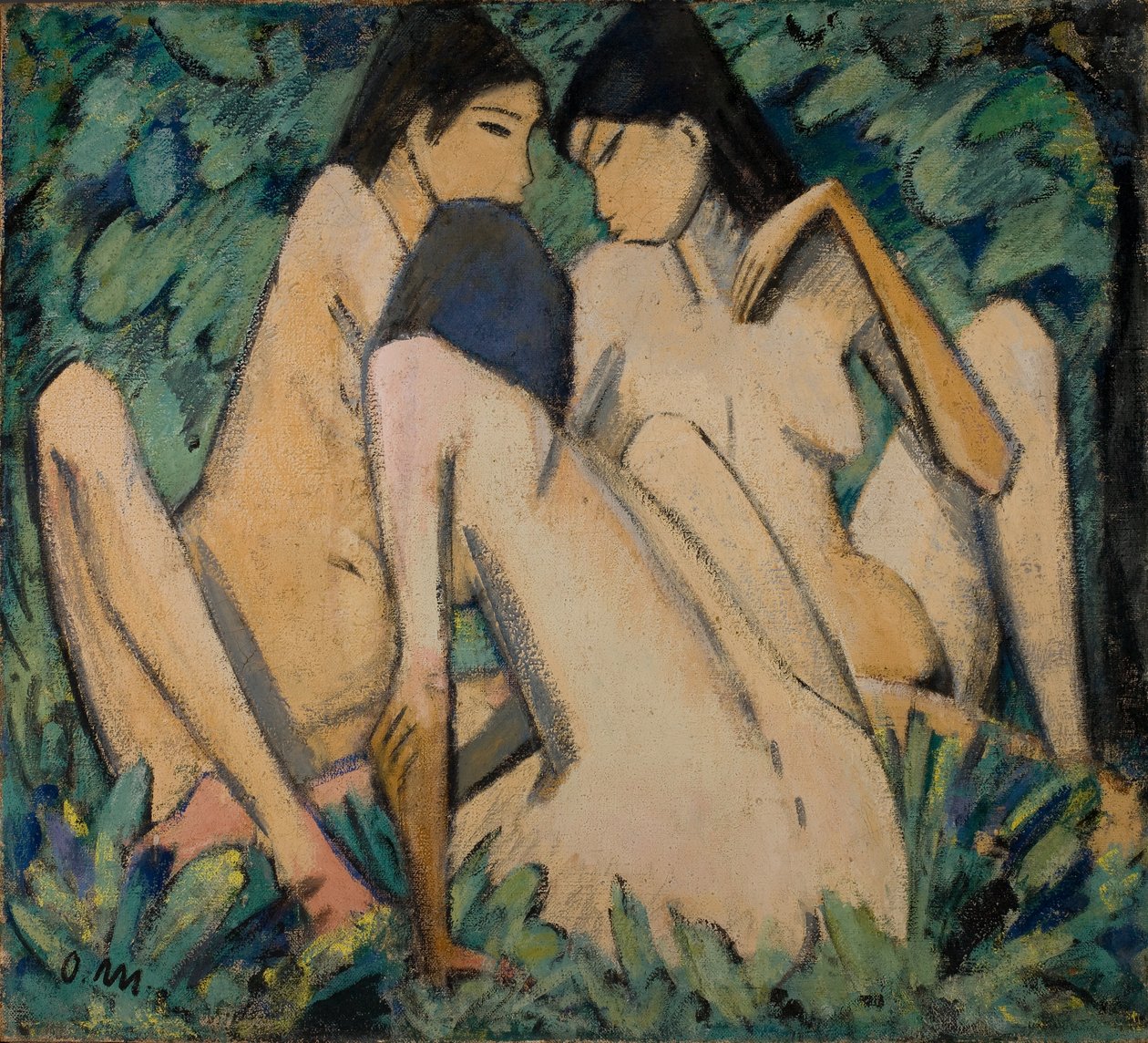 Kolme tyttöä metsässä, noin 1920 (öljy ja tempera paneelille). tekijältä Otto Muller or Mueller