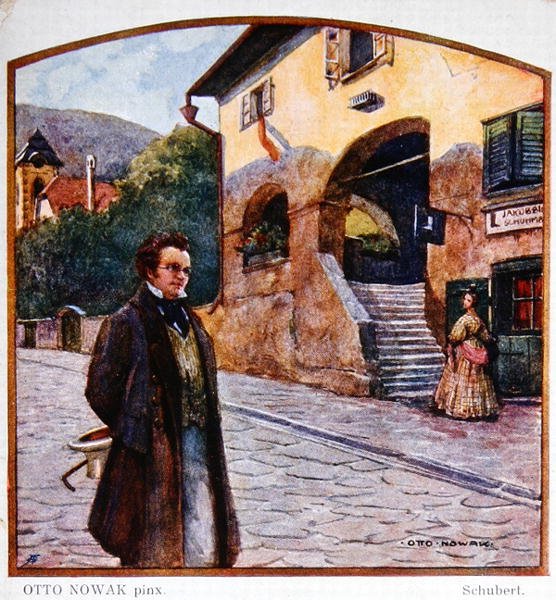Franz Peter Schubert (1787-1828) suutarin talon edessä, n. 1910 (väri litho) tekijältä Otto Robert Nowak
