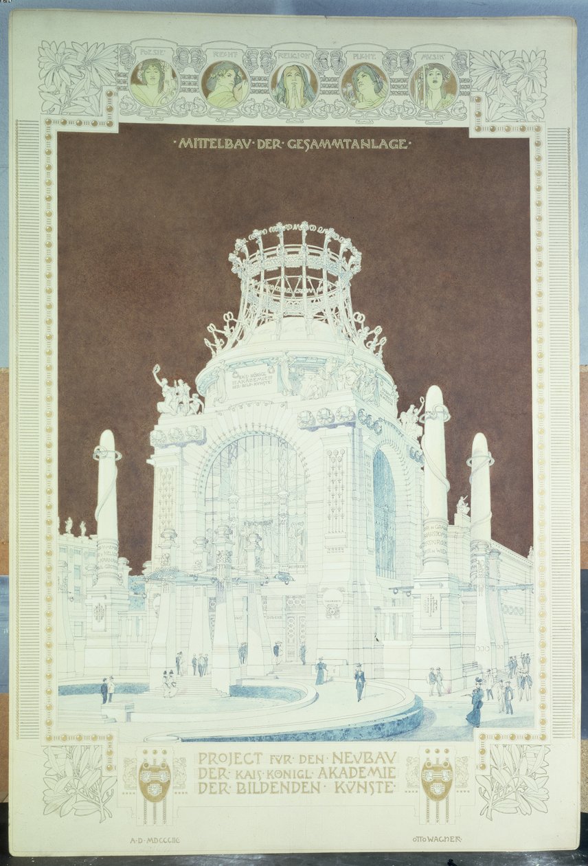 Kuvataideakatemia, Wien, suunnittelu Hall of Honorille (värikynä) tekijältä Otto Wagner