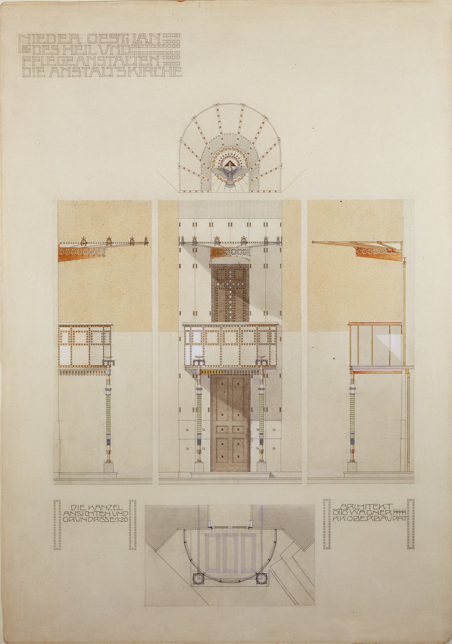 Luonnos Wienin mielisairaalan Steinhofin kirkon saarnastuoliin ... tekijältä Otto Wagner