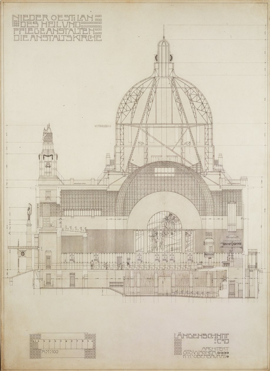 Pystysuora projektio Steinhofin kirkosta, Wienin mielisairaalan keskussairaalasta ... tekijältä Otto Wagner