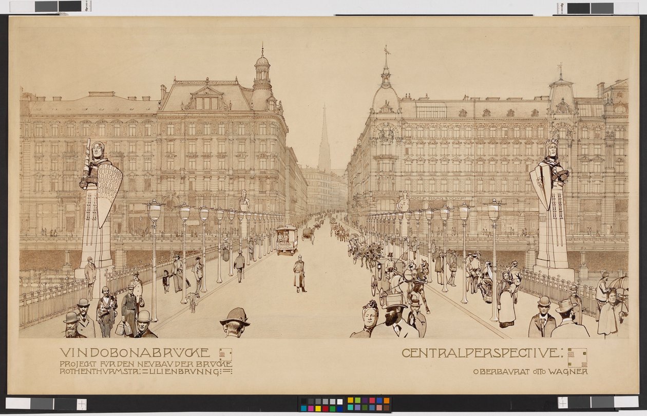 Vindobonabrücke / Rothenthurmstraße-Lilienbrunng.-sillan uudisrakennushanke. "Keskusperspektiivi" tekijältä Otto Wagner