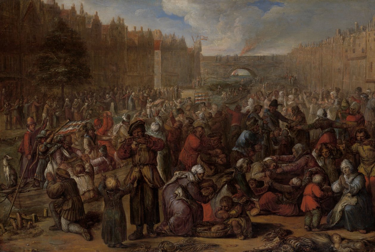 Silakan ja valkoleivän jakaminen Leidenin maaseudulla, 3. lokakuuta 1574, n. 1600 (öljy paneelille) tekijältä Otto van Veen