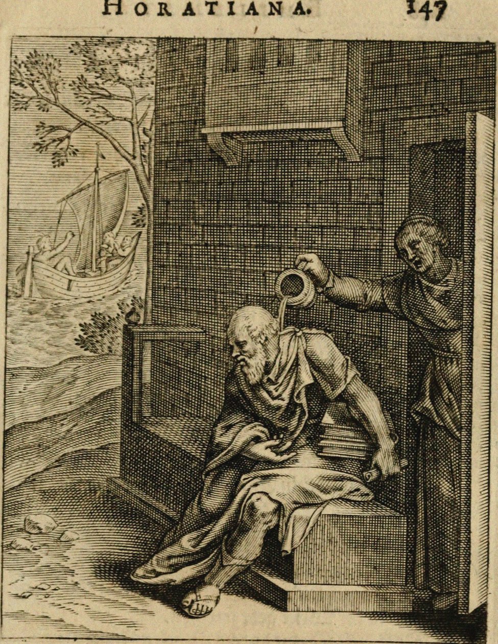 Ksanthippe tyhjentää kammioastiaa Sokrateen päällä. Emblemata Horatiana, 1607 tekijältä Otto van Veen