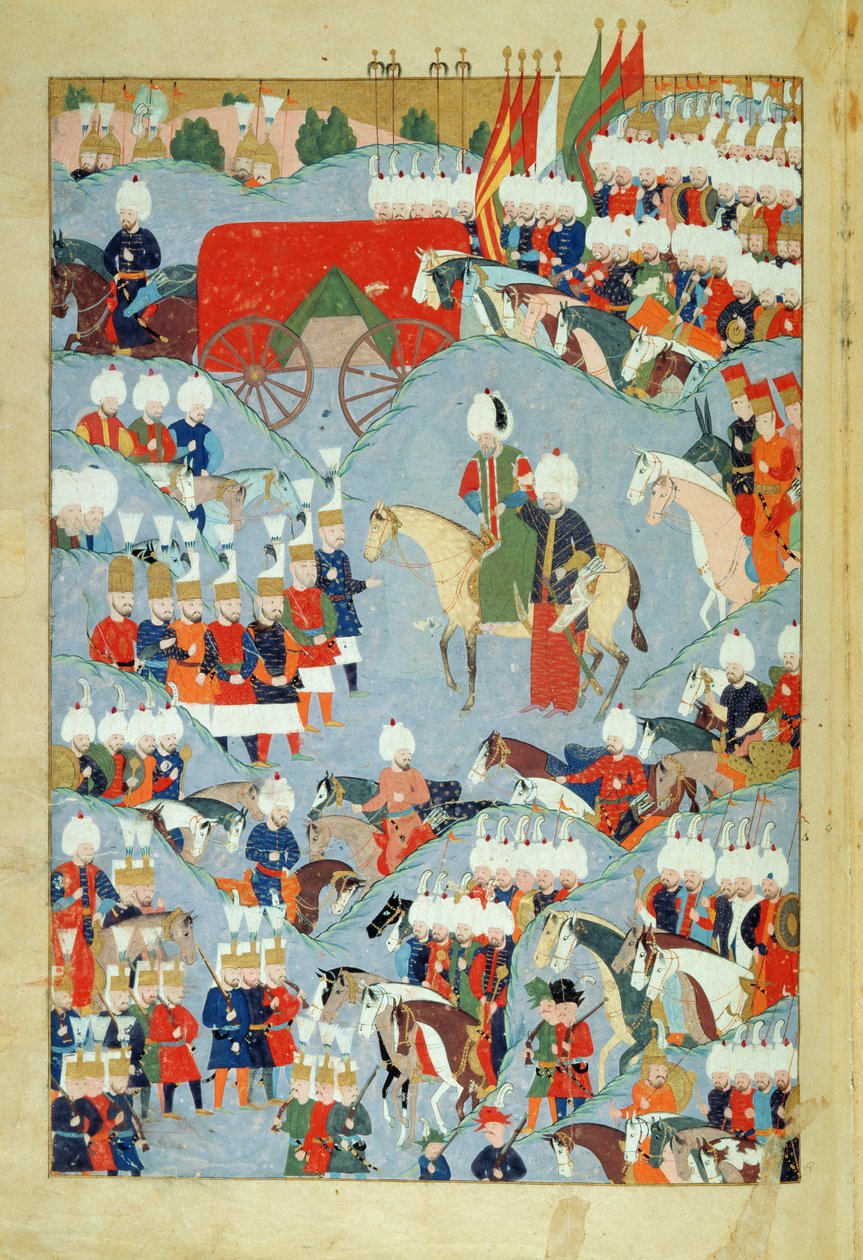 CBL T 413 fol.46a Sairas sulttaani Visiirinsä tukemana, Sulttaani Suleyman Suuren historiasta, 1579 tekijältä Ottoman School