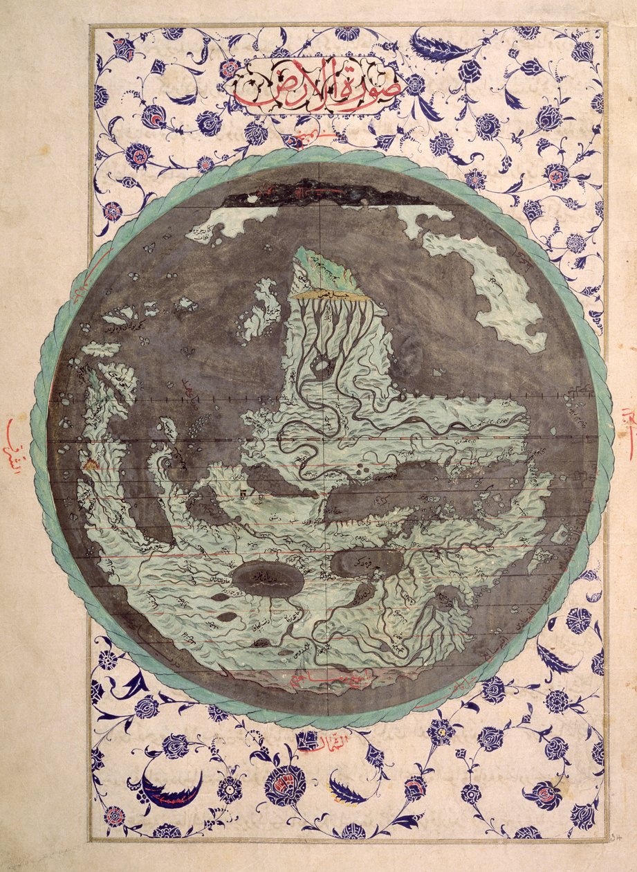 CBL T.414 fol.34a Maailmankartta Zubdat al-Tawarikh -teoksen (The Cream of Histories) kopiosta, 1500-luvun loppupuoli. tekijältä Ottoman School