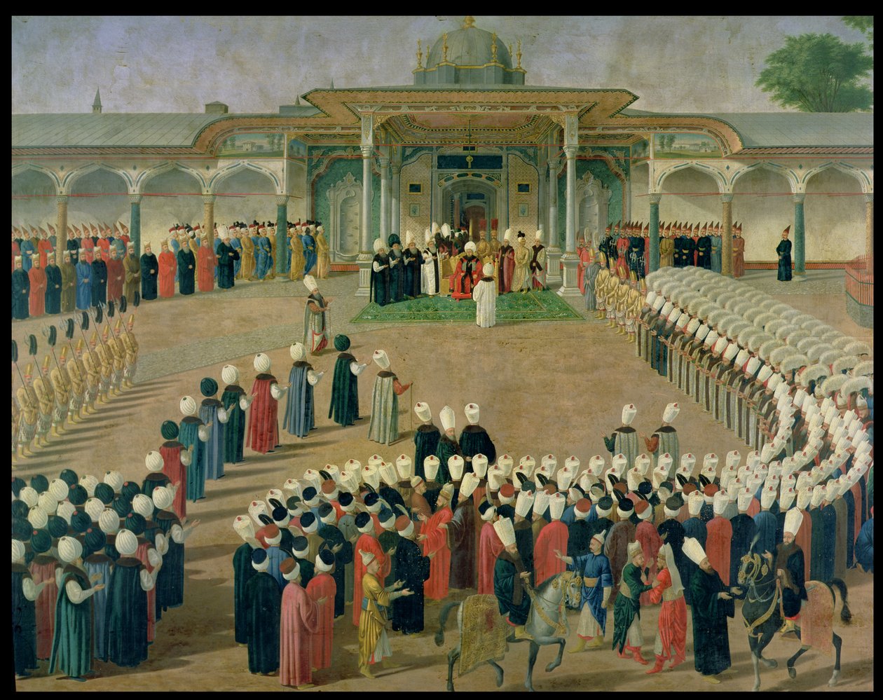 Vastaanotto sulttaani Selim III:n (1761-1807) hovissa Topkapin palatsissa, 1700-luvun loppu tekijältä Ottoman School