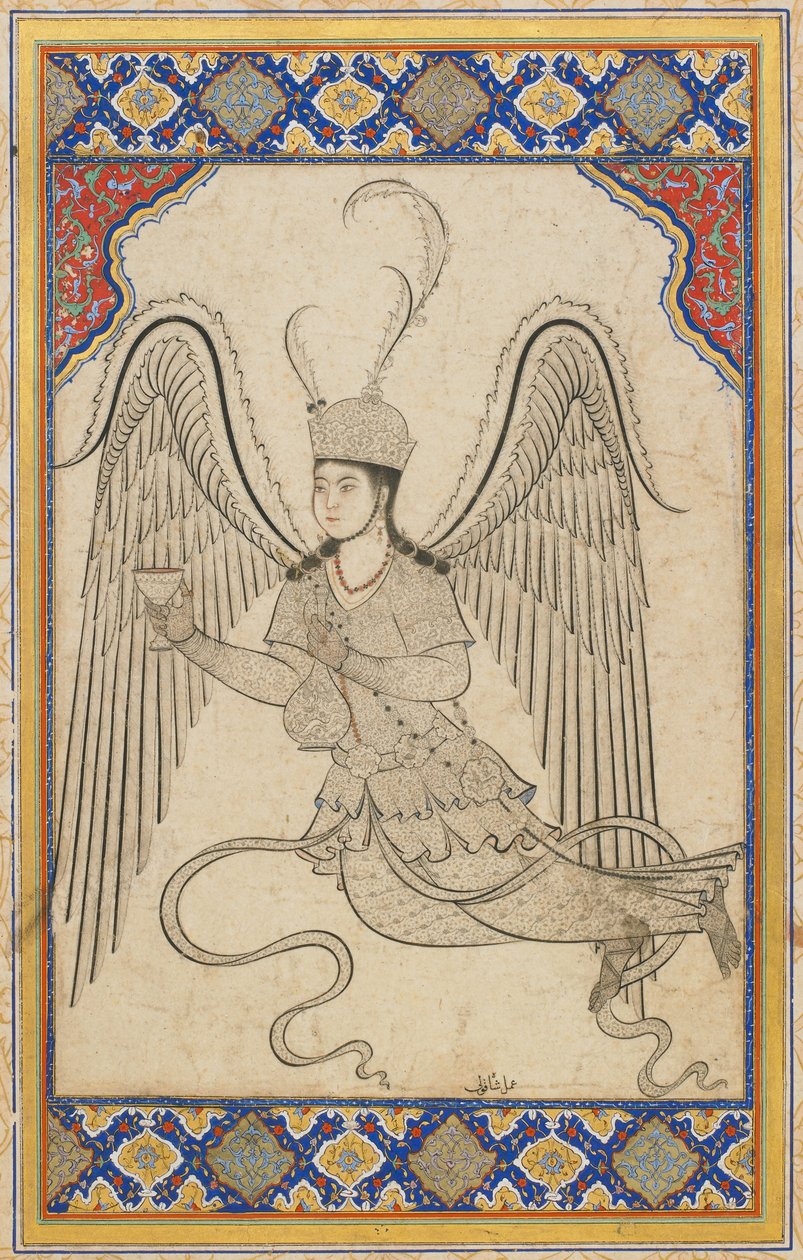 Enkeli, lentävä, kuppi ja viinipullo (muste, väripesu ja kulta paperille) tekijältä Ottoman School
