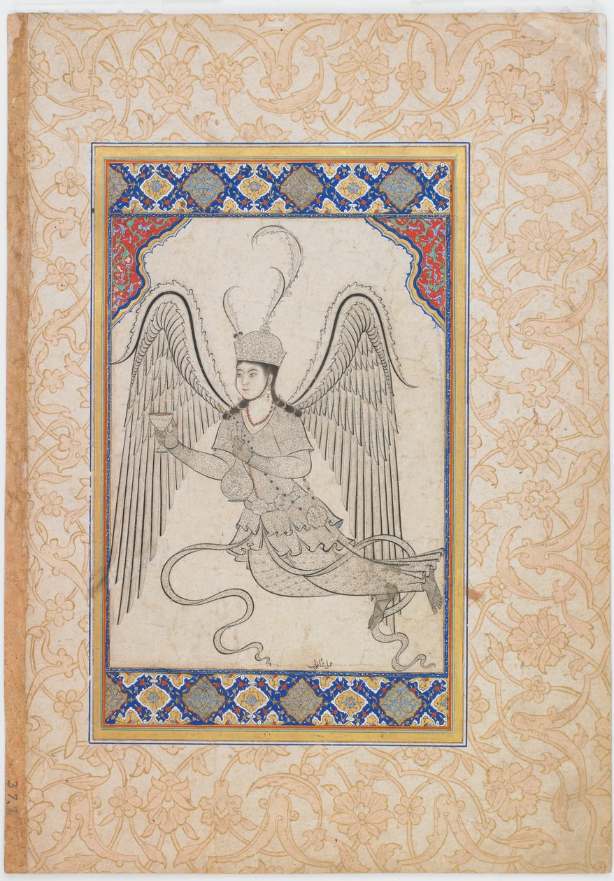 Enkeli, lentävä, kuppi ja viinipullo (muste, väripesu ja kulta paperille) tekijältä Ottoman School