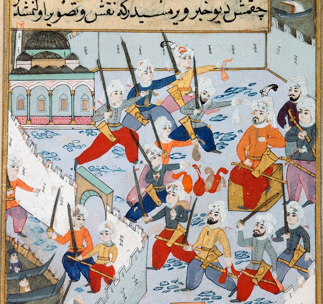 Konstantinopolin valloitus: Ottomaanien sulttaani Mehmet II (Mehmed II Valloittaja tai Muhammad II Fatih) (1430-1481) armeija Kultaisessa sarvessa piiritti Konstantinopolin kaupunkia vuonna 1453. 1400-luvun miniatyyri. Topkapi Sarayi -museon kirjasto Istan tekijältä Ottoman School