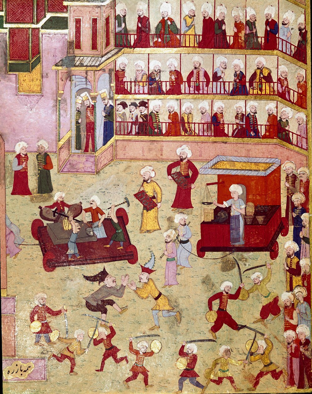 Ottomaanien sulttaani Murad II:n (Murat) pojan (1404-1451) ympärileikkauksen yhteydessä järjestetyt juhlat, jonglöörit, akrobaatit ja kultamiehiä tulivat esittelemään näytteitä 1500-luvun Istanbulin pienoismallissa, Topkapi Sarayi -museon kirjastossa. tekijältä Ottoman School