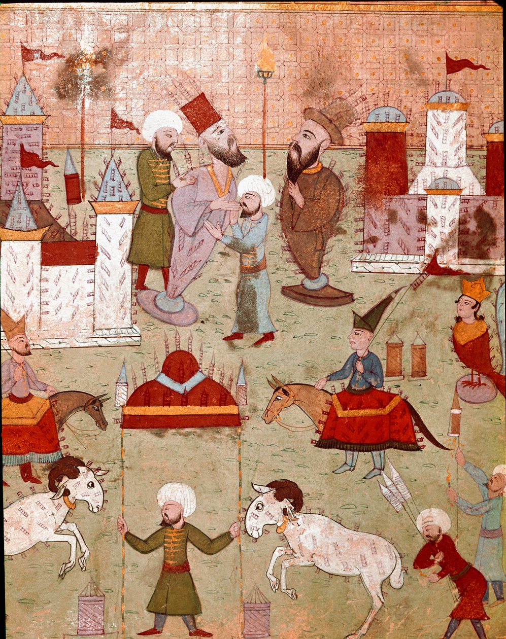 Ottomaanien sulttaani Murad II:n pojan (Murat) (1404-1451) ympärileikkauksen yhteydessä järjestetyt juhlat, ilotulituksen valmistus 1500-luvun Istanbulin pienoismalli, Topkapi Sarayi -museon kirjasto tekijältä Ottoman School