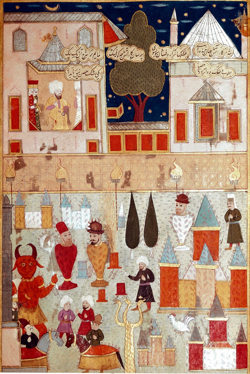 Ottomaanien sulttaani Murad II:n pojan (Murat) (1404-1451) ympärileikkauksen yhteydessä järjestetyt juhlat, ilotulituksen valmistus 1500-luvun Istanbulin pienoismalli, Topkapi Sarayi -museon kirjasto tekijältä Ottoman School