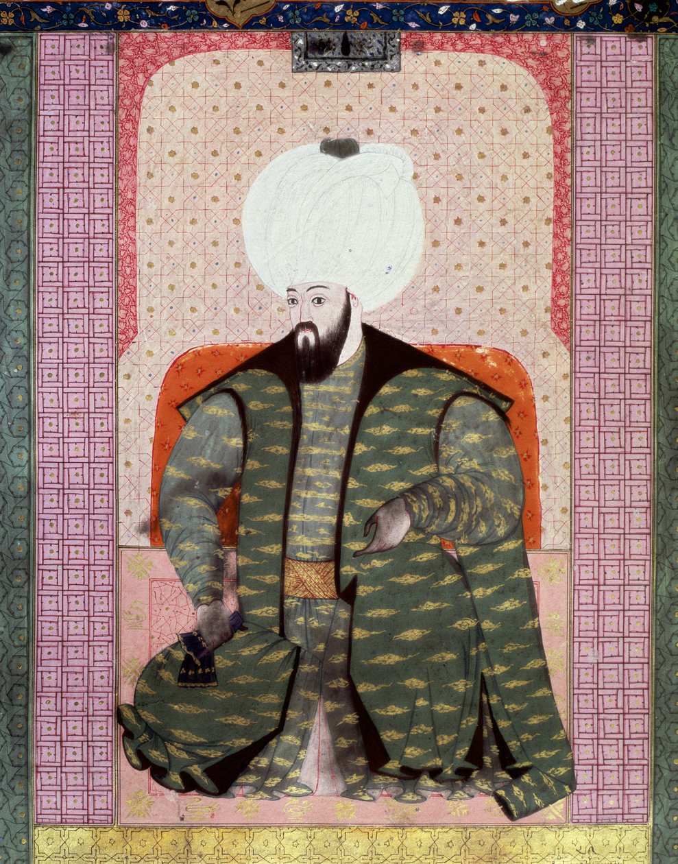 Ottomaanien valtakunta: "" Ottomaanien sulttaani Bajazed (Bayezid, Bajazet, Bayazid) II Oikeus (1447-1512) muotokuva"" Miniatyyri käsikirjoituksesta (Ms. 1973, folio 62a) "" Zubdat al Tawarikh" (Zubdat al Tawarikh) (Creme of Stories), historioitsija Seyid  tekijältä Ottoman School