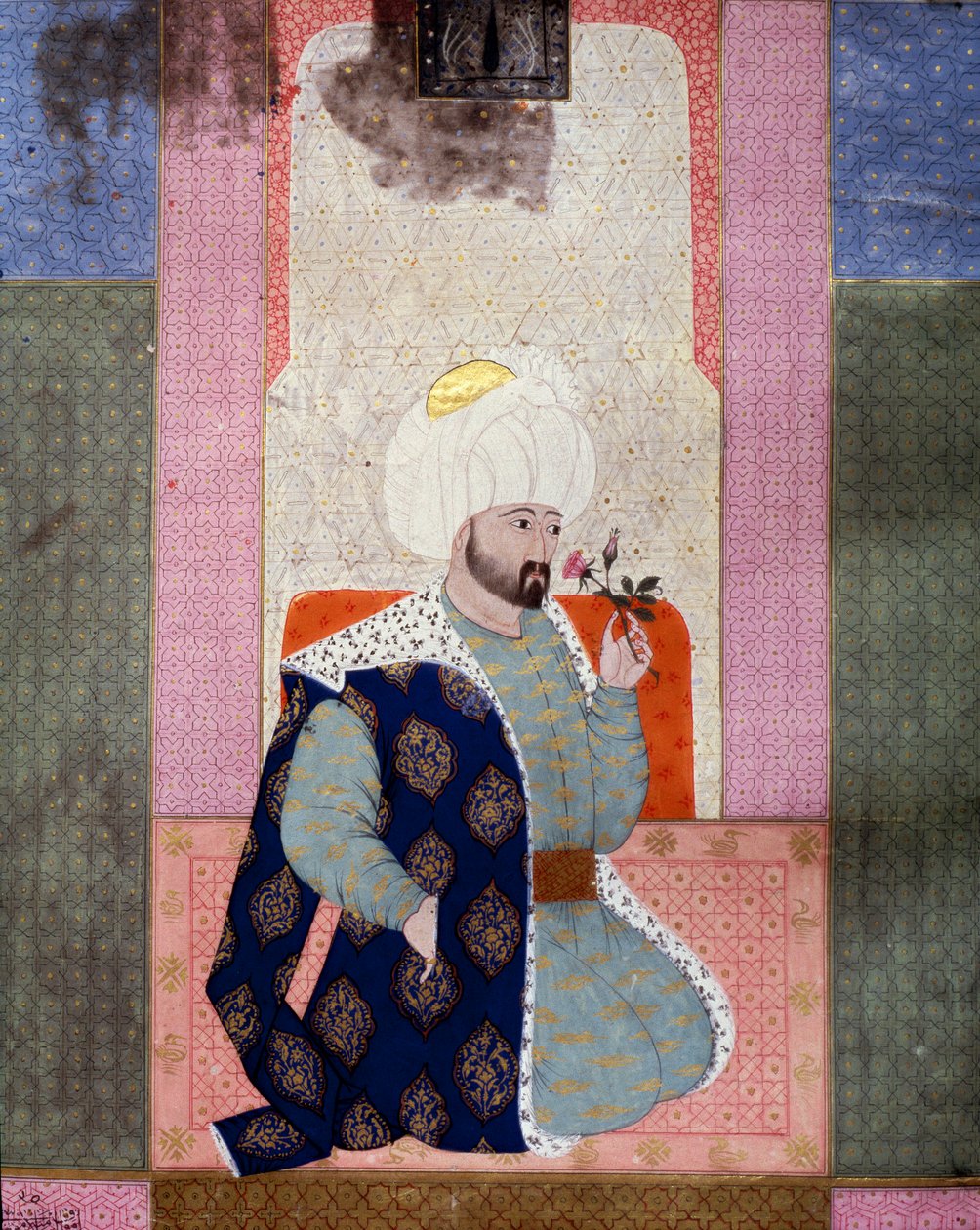 Ottomaanien valtakunta: "" Ottomaanien sulttaani Mehmetin (tai Mehmedin tai Muhammedin) Celebi I (1389-1421) muotokuva"" Miniatyyri käsikirjoituksesta (Ms. 1973, folio 62a) "" Zubdat al Tawarikh" (Zubdat al Tawarikh) (Creme) tarinoista) historioitsija Seyy tekijältä Ottoman School