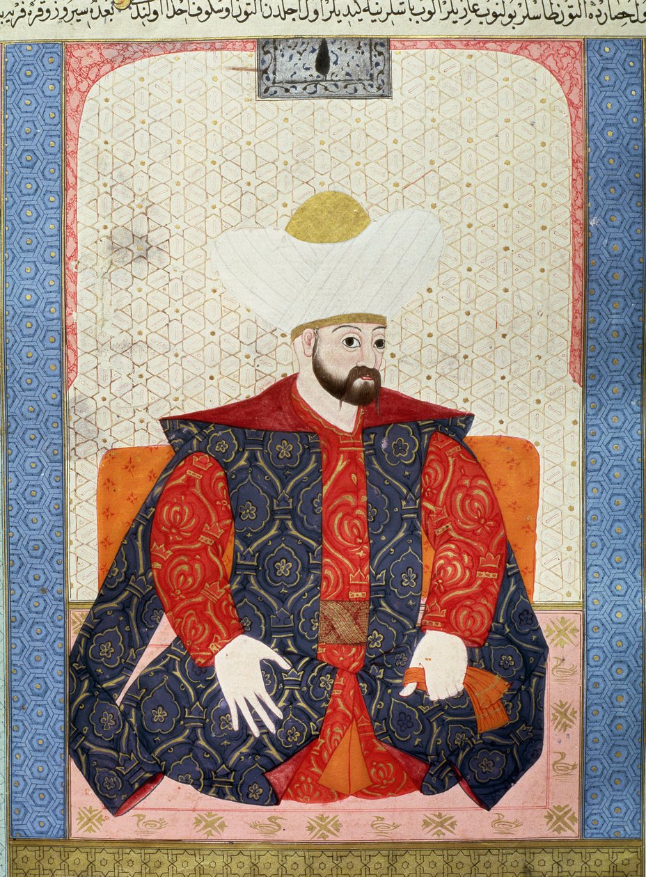 Ottomaanien valtakunta: "" Ottomaanien sulttaani Murad I:n (1326-1389) muotokuva"" Miniatyyri käsikirjoituksesta (Ms. 1973, folio 62a) "" Zubdatat-al-Tawarikh"" (Zubdat al-Tawarikh) (Tarinoiden kerma) historioitsija Seyyid Loqman Ashuri 1538. Turkin ja isl tekijältä Ottoman School
