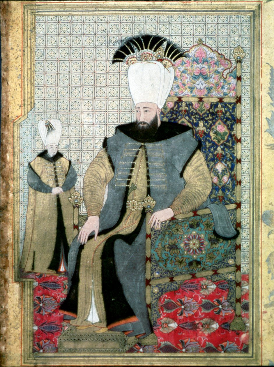 Ottomaanien valtakunta: Muotokuva sulttaani Ahmetista (tai Ahmed) III:sta (1673-1736)”” Se edustaa sormellaan osoittamista ja osoittaa käskyn teurastaa janissaarien määräys. Miniatyyri Istanbul, Topkapi Sarayi -museo, Turkki tekijältä Ottoman School