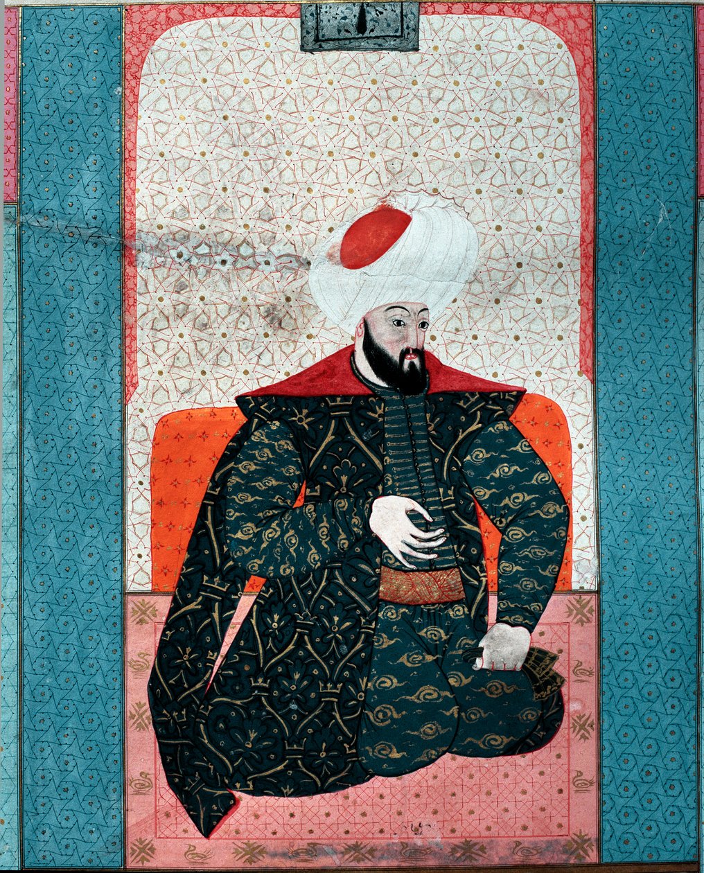Ottomaanien valtakunta: "" Sulttaani Osman I:n muotokuva (Osman Gazi rahimahu llah) (1258-1326)"" Pienoiskuva teoksesta "Zubdat al Tawarikh"" (Ms. 1973, fol. 59a), Seyyyd Lokman Ashuri 1583 Istanbullamic, Turkish-Is Taidemuseo tekijältä Ottoman School