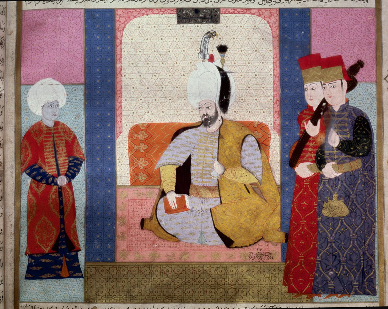 Ottomaanien valtakunta: "" Sulttaani Murad III (1546-1595) ympäröi hoviherraa""" Miniatyyri "Zubdat al Tawarikhista"" (Ms. 1973, jakso 59b), kirjoittanut Seyyd Lokman Ashuri 1583 Istanbul, turkkilais-islamilainen taidemuseo tekijältä Ottoman School