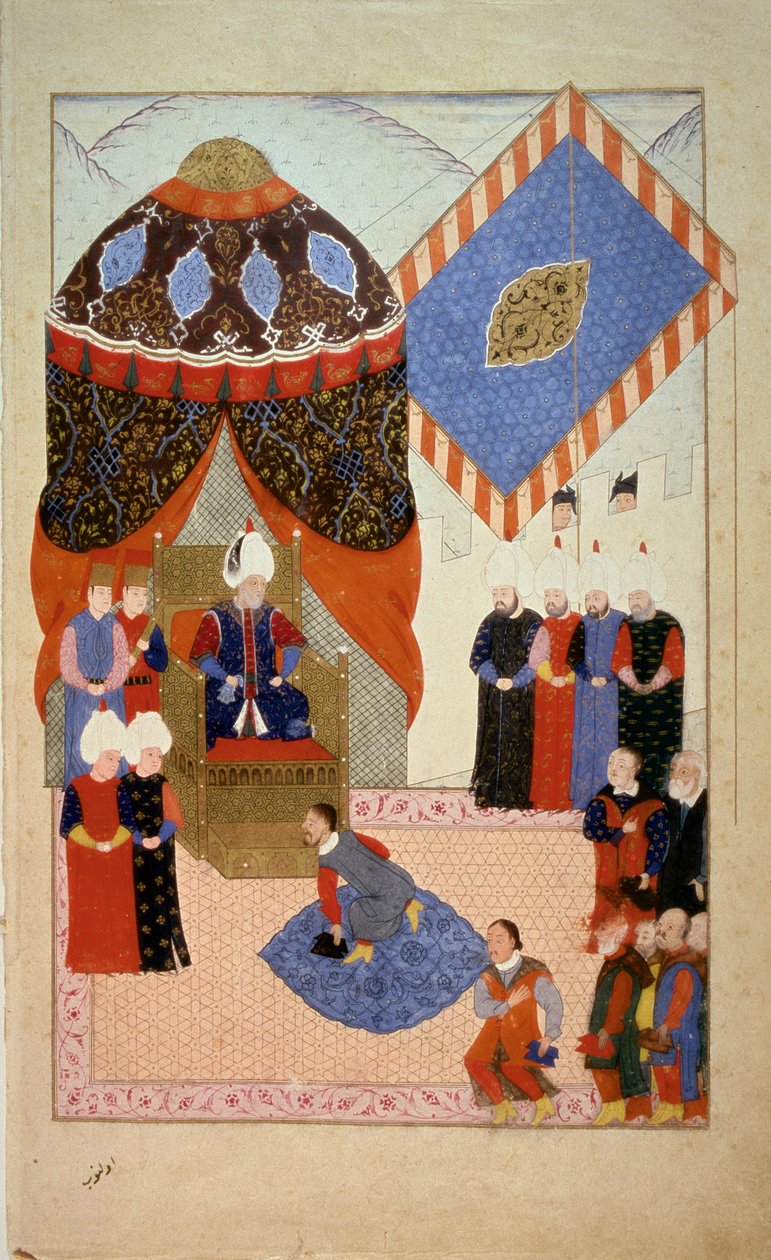 Ottomaanien valtakunta: Sulttaani Soliman (Suleyman) Sanoin, että upea (1520-1566) ympäröi kurtisaaneja"" Miniatyyri otettu "" Nuzhet el-Esrar el-Ahbar der Sefer-i Sigetvarista"" (Nuzhet el Estrar el Ahbar der Sefer i Sigetvar ) (Kronikat Szin kampanjoista tekijältä Ottoman School