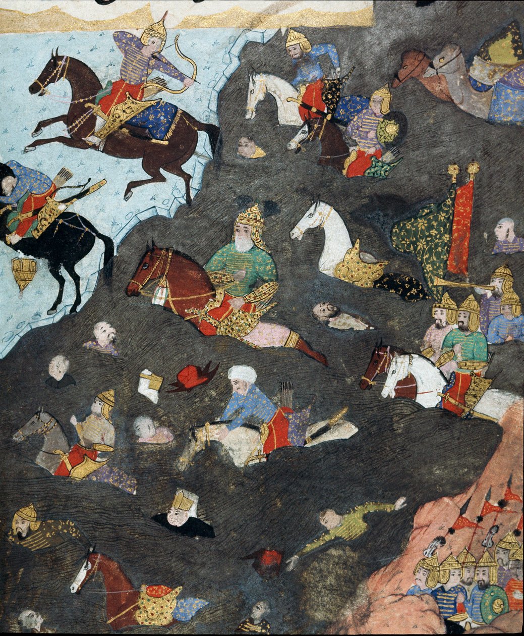 Ottomaanien valtakunta: "" Sulttaani Murad III:n (1546-1595) armeija ylittää joen arvaamassa""" Pienoismalli 1500-luvulta. Istanbul, Topkapi Sarayi -museon kirjasto tekijältä Ottoman School