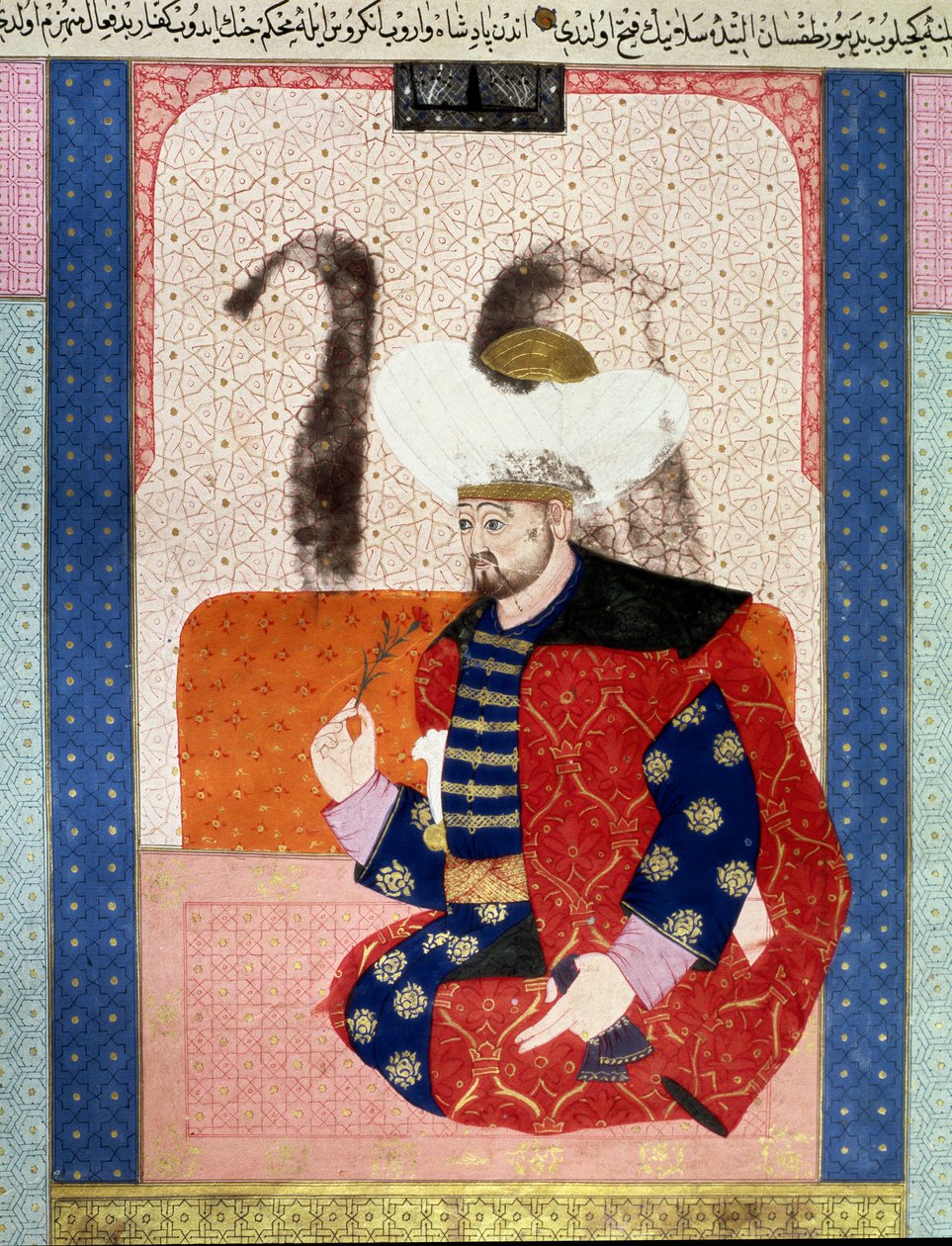 Ottomaanien valtakunta: muotokuva Bayazid I:stä (Bajazet I) (noin 1354-1403), joka tunnetaan nimellä Yildirim (Salama)"" Miniatyyri käsikirjoituksesta (Ms. 1973, folio 62a) "" Zubdatat-al-Tawarikh" (Zubdat al-Tawarikh) ) (Creme of Stories), historioitsija  tekijältä Ottoman School