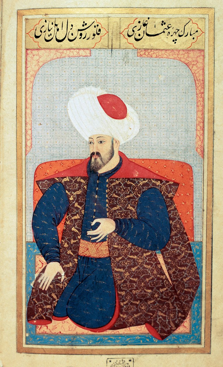 Ottomaanien valtakunta: muotokuva ensimmäisestä sulttaani Osman I:stä (1258-1326) Miniatyyri Seyyid Lokman Husseinin käsikirjoituksesta "Ihmisen fysiognomia (Ottoman ottomaanien henkilökohtaisista järjestelyistä). (Ms. ty6087 folio 21b) tekijältä Ottoman School