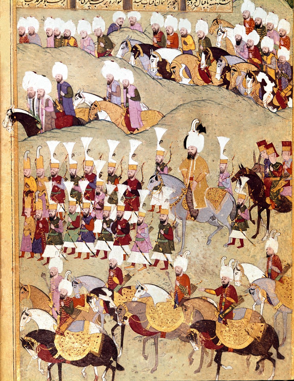 Ottomaanien valtakunta: "" edustus ottomaanien sulttaani Murad II:sta (Murat) (1404-1451) ja hänen armeestaan Persian hyökkäyksen aikana""" Käsikirjoitus miniatyyri ms. FY 1404 "" Sehinsahname"" (tai Shahinshah-nameh tai Shahinshah-nameh, Shahinshah nama,  tekijältä Ottoman School