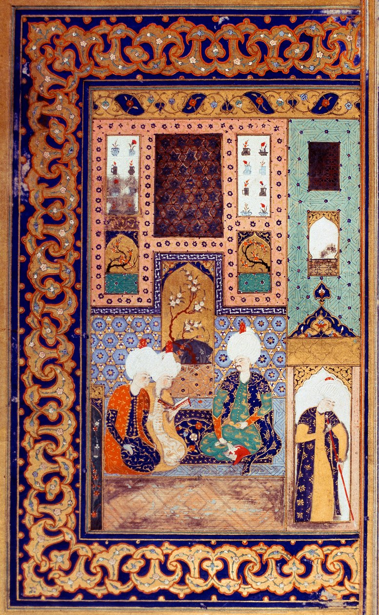 Ottomaanien valtakunta: kauheaksi kutsuttu sulttaani Selim I (1470-1520) on kahden hänen alamaisensa mukana. Miniatyyri otettu sulttaani Selim I:n kirjoittamasta "" Divanista" (runon palautus) (Ms. FY1330, 28a) 1500-luku. Istanbul, yliopisto Li tekijältä Ottoman School