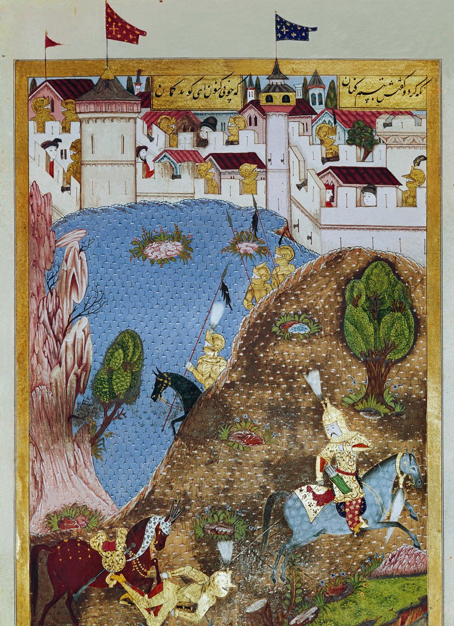 Ottomaanien valtakunta: esitys sulttaani Solimanista (Suleyman) Sanoin upean (1520-1566) ja hänen armeijansa hyökkäämässä Belgradin kaupunkiin. Miniatyyri otettu 