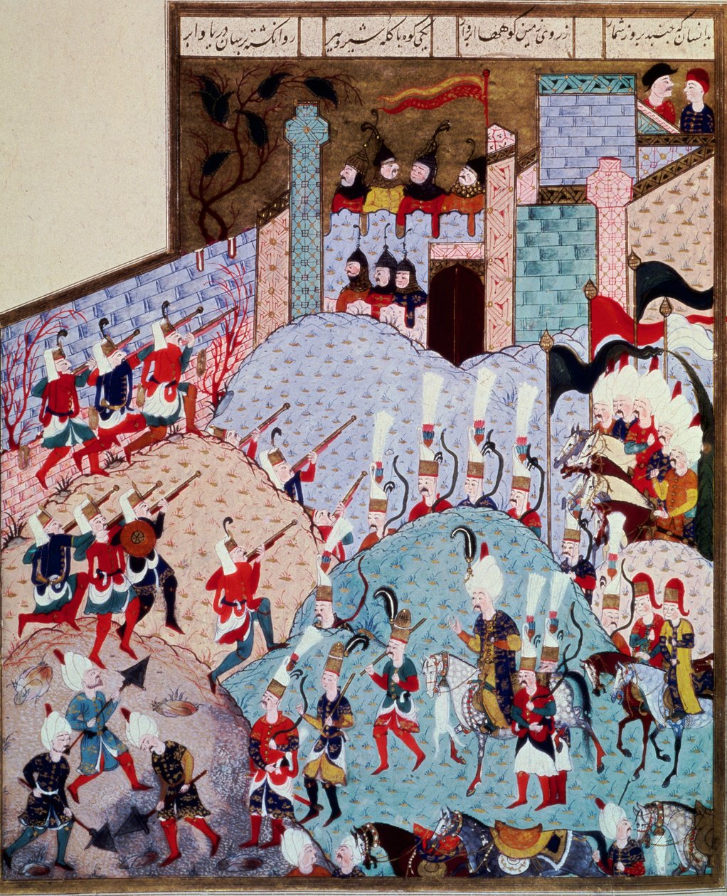 Ottomaanien valtakunta: esitys sulttaani Solimanista (Suleyman) Sanoin, että upea (1520-1566) ja hänen armeijansa hyökkäävät linnoitettuun kaupunkiin. Miniatyyri otettu 