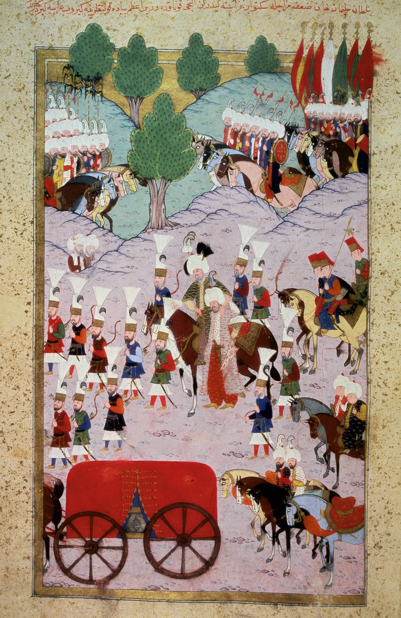 Ottomaanien valtakunta: edustus sulttaani Soliman (Suleyman) Sanoin upea (1520-1566) ja hänen armeijansa. Miniatyyri Lokmanin "Hunername" -sarjasta, osa. 1 (H 1523, f.7) 1584 Topkapi Sarayi Museum Library Istanbul tekijältä Ottoman School
